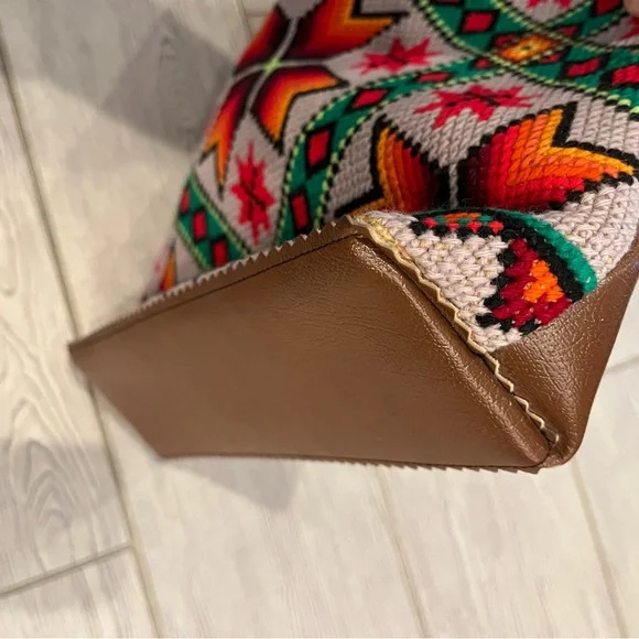 Colorful Geometric Cross-stitch Aztec Patterned Tote Bag with Brown Accents - Picture 7 of 14